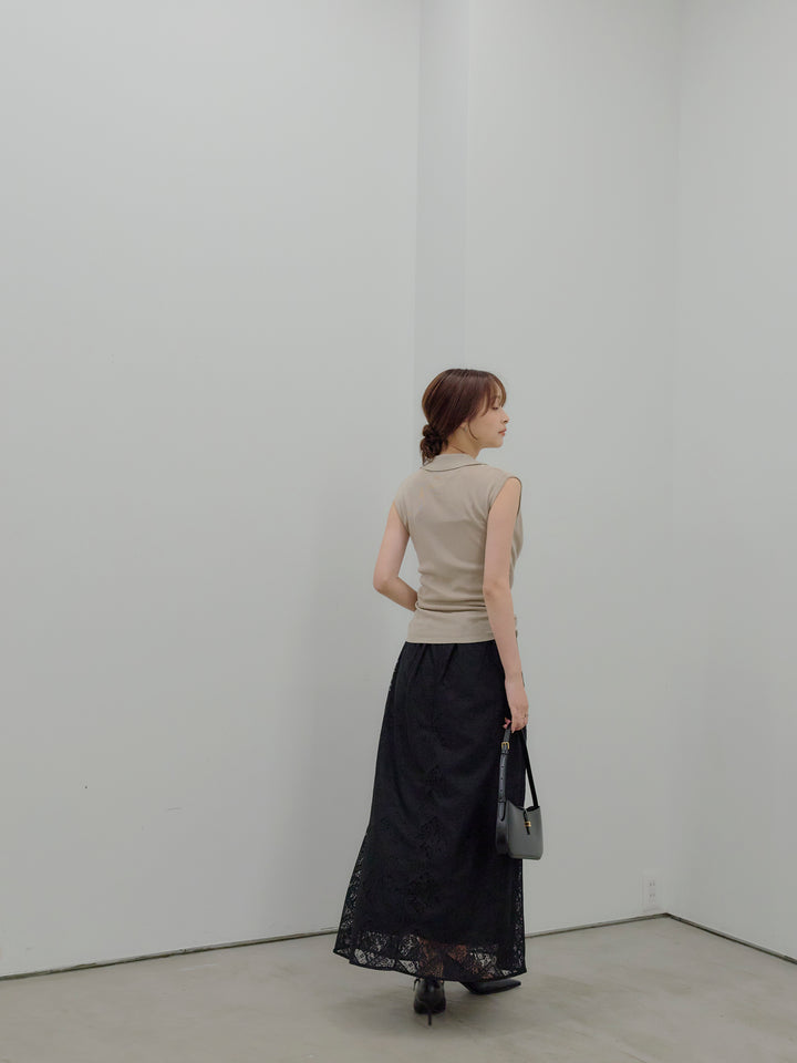 ドレープレイヤードデザイン襟付きノースリーブニットトップス