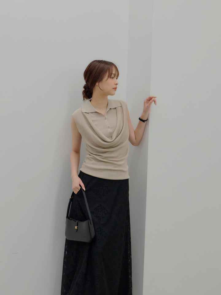 ドレープレイヤードデザイン襟付きノースリーブニットトップス