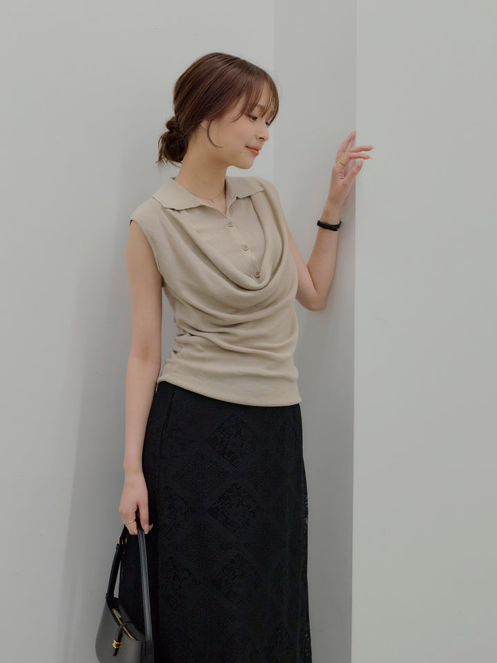 ドレープレイヤードデザイン襟付きノースリーブニットトップス