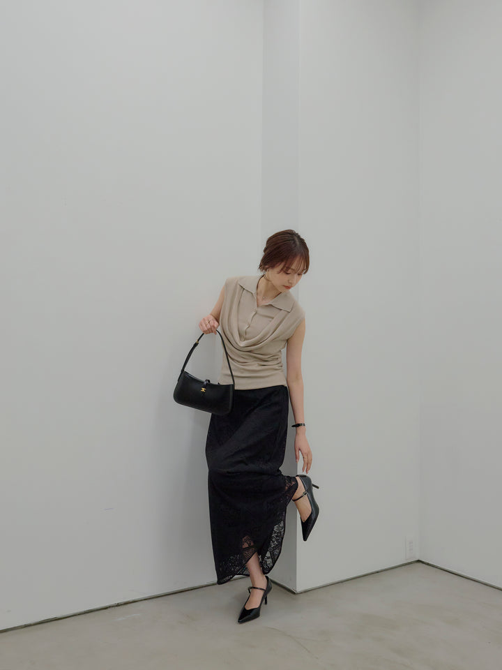 ドレープレイヤードデザイン襟付きノースリーブニットトップス