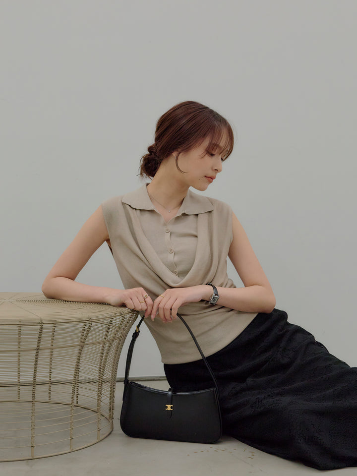 ドレープレイヤードデザイン襟付きノースリーブニットトップス