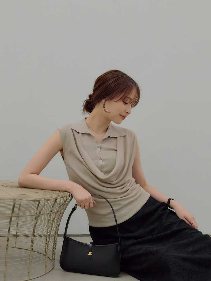 ドレープレイヤードデザイン襟付きノースリーブニットトップス