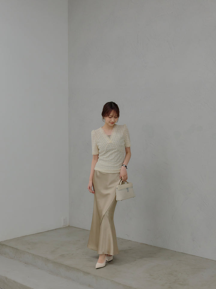 【SET】チュールレイヤードグリッターレースパフスリーブトップス+【Essential】Wrap design satin mermaid skirt(2set)