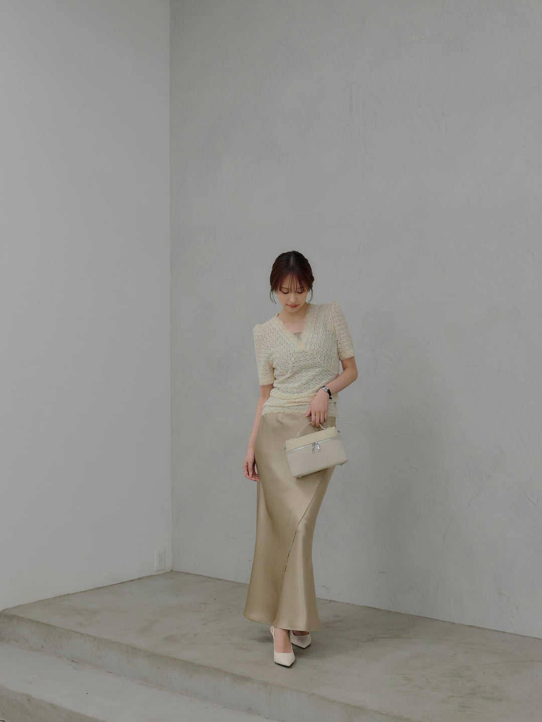 【SET】チュールレイヤードグリッターレースパフスリーブトップス+【Essential】Wrap design satin mermaid skirt(2set)