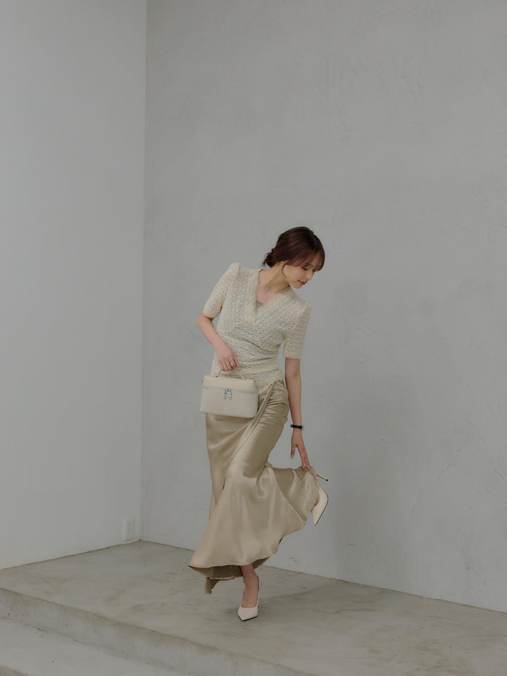 【SET】チュールレイヤードグリッターレースパフスリーブトップス+【Essential】Wrap design satin mermaid skirt(2set)