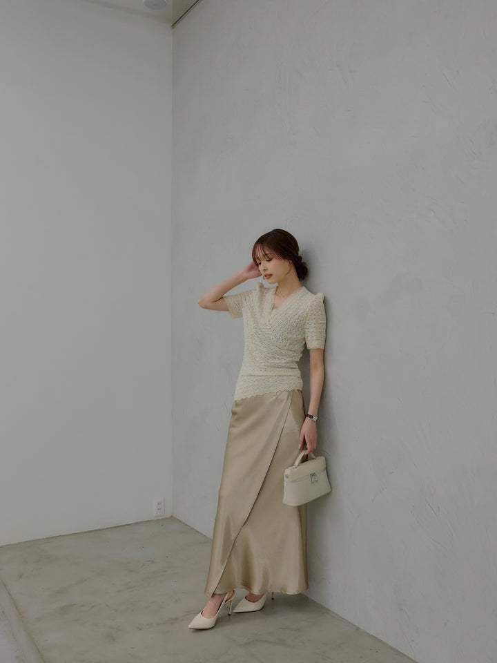 【SET】チュールレイヤードグリッターレースパフスリーブトップス+【Essential】Wrap design satin mermaid skirt(2set)