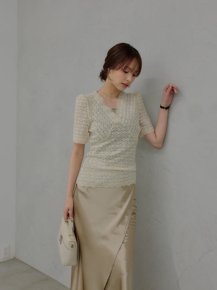 【SET】チュールレイヤードグリッターレースパフスリーブトップス+【Essential】Wrap design satin mermaid skirt(2set)