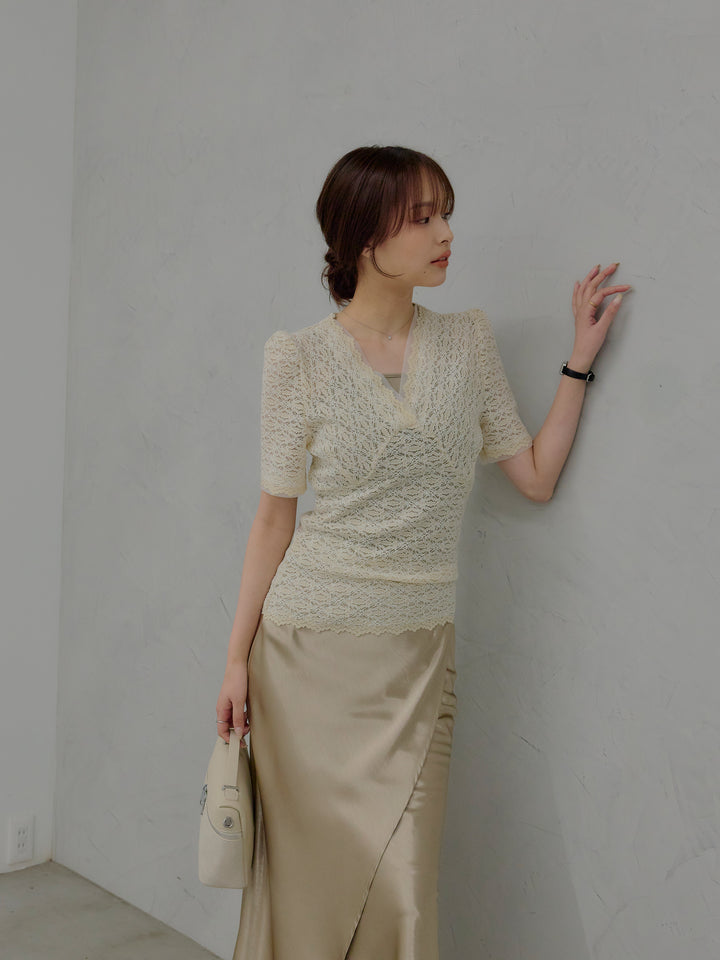 チュールレイヤードグリッターレースパフスリーブトップス