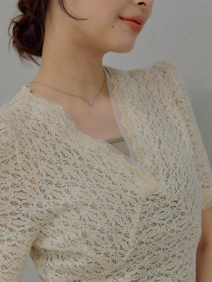 【SET】チュールレイヤードグリッターレースパフスリーブトップス+【Essential】Wrap design satin mermaid skirt(2set)