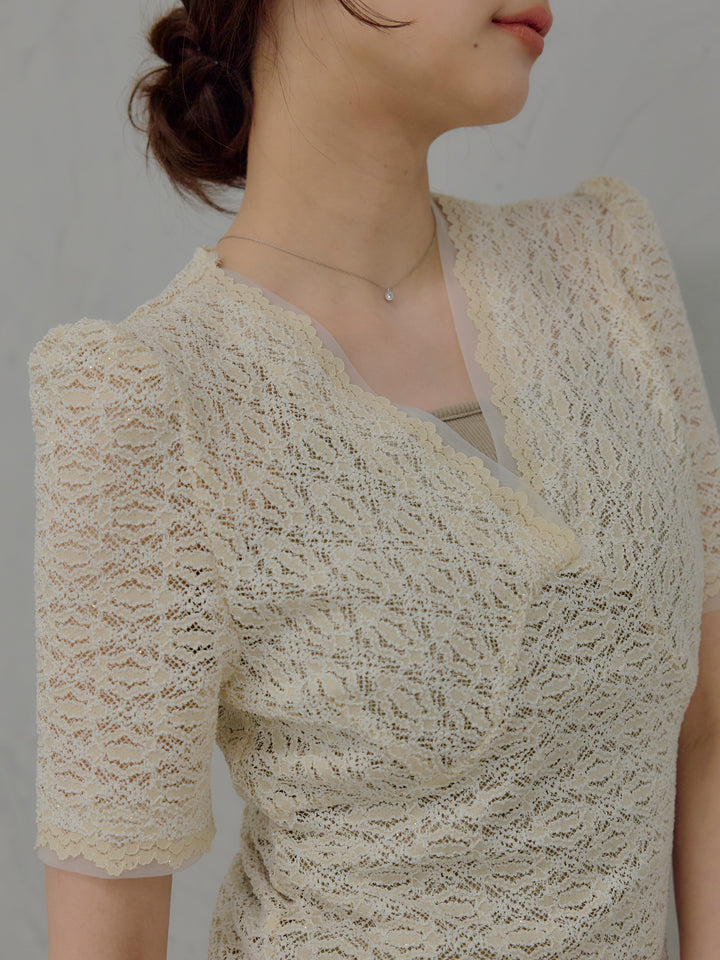 【SET】チュールレイヤードグリッターレースパフスリーブトップス+【Essential】Wrap design satin mermaid skirt(2set)