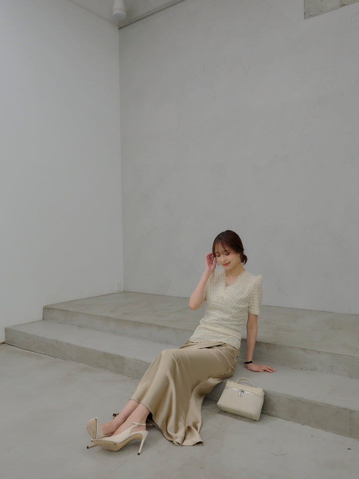 【SET】チュールレイヤードグリッターレースパフスリーブトップス+【Essential】Wrap design satin mermaid skirt(2set)