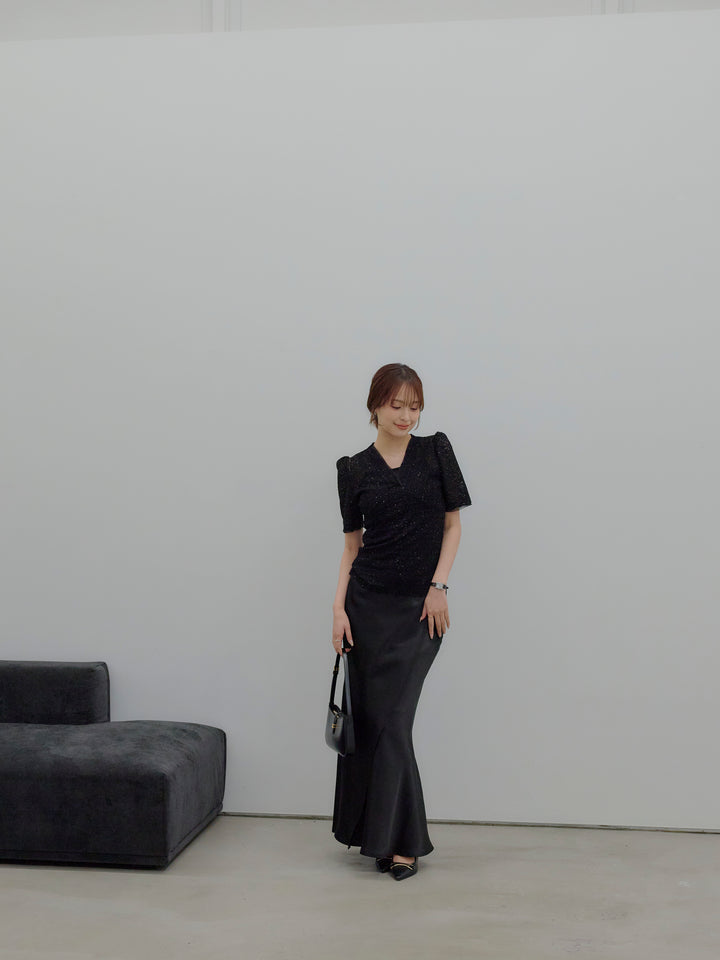 【SET】チュールレイヤードグリッターレースパフスリーブトップス+【Essential】Wrap design satin mermaid skirt(2set)
