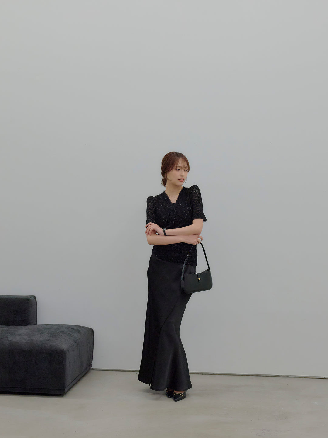 チュールレイヤードグリッターレースパフスリーブトップス