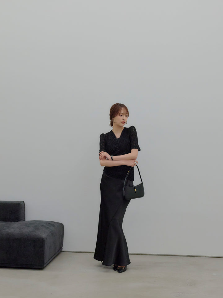 【SET】チュールレイヤードグリッターレースパフスリーブトップス+【Essential】Wrap design satin mermaid skirt(2set)