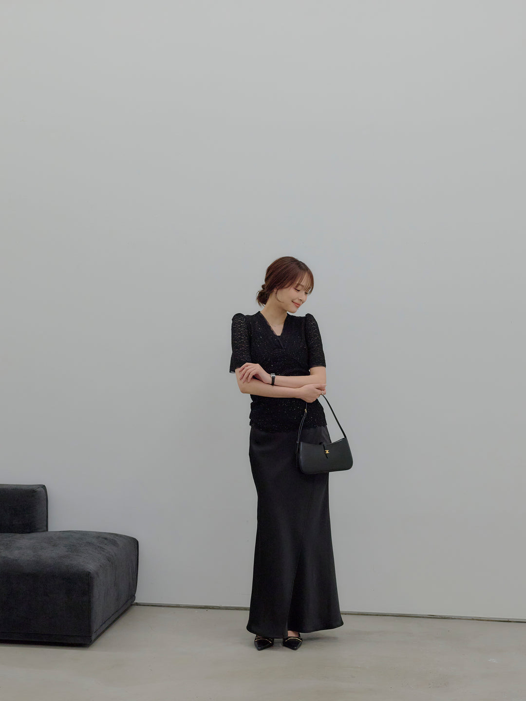 チュールレイヤードグリッターレースパフスリーブトップス