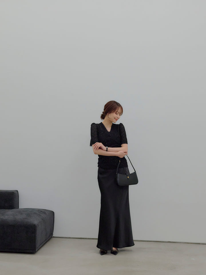 チュールレイヤードグリッターレースパフスリーブトップス