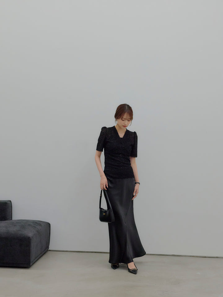 【SET】チュールレイヤードグリッターレースパフスリーブトップス+【Essential】Wrap design satin mermaid skirt(2set)
