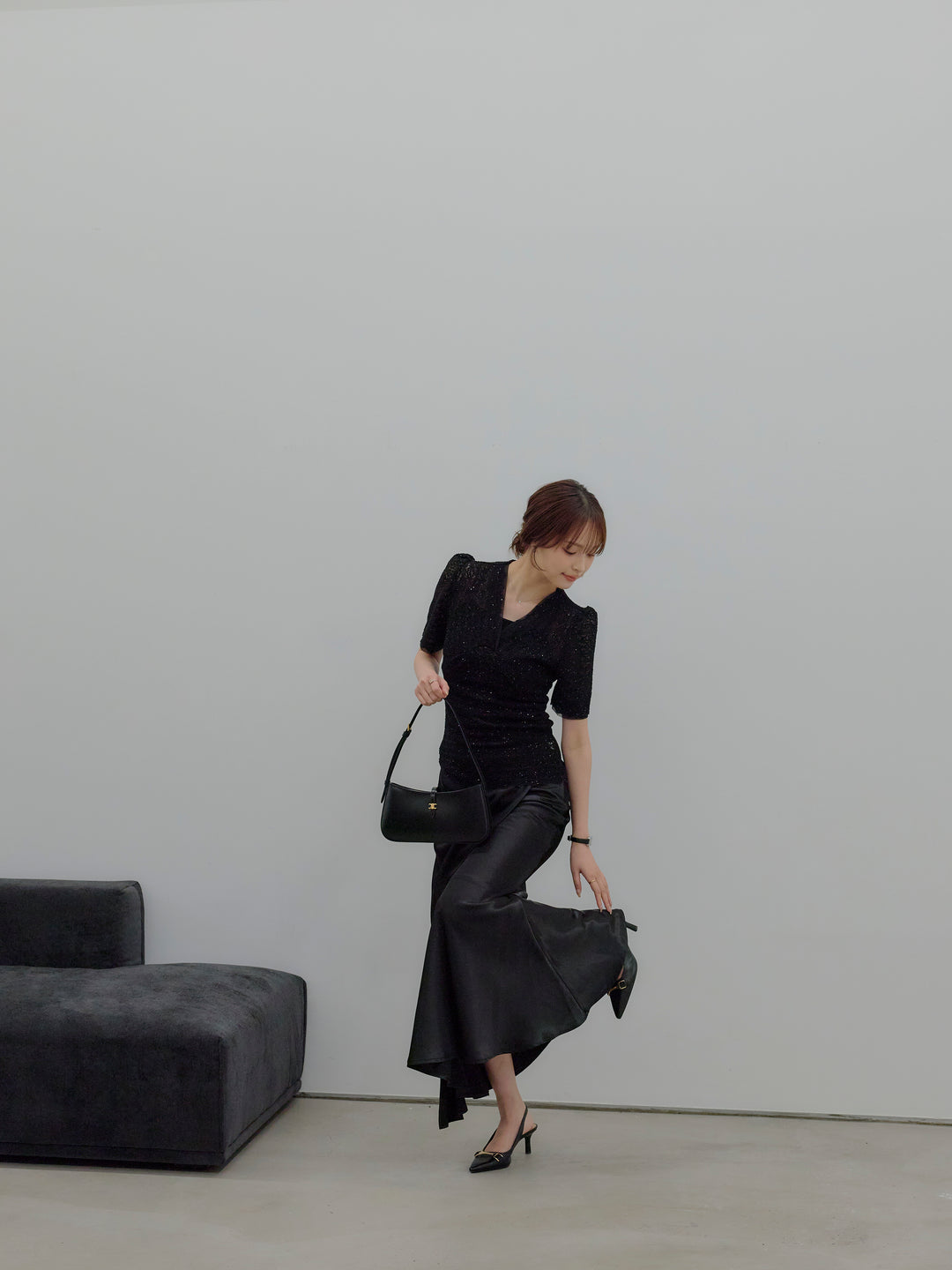 チュールレイヤードグリッターレースパフスリーブトップス