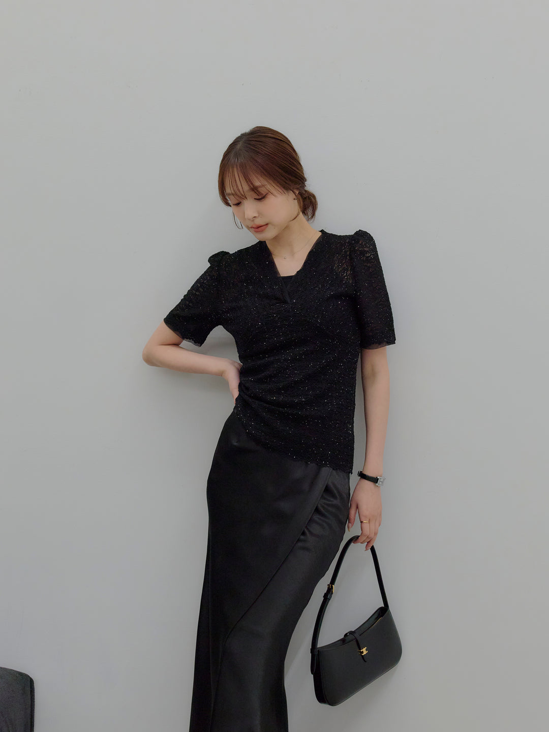 チュールレイヤードグリッターレースパフスリーブトップス