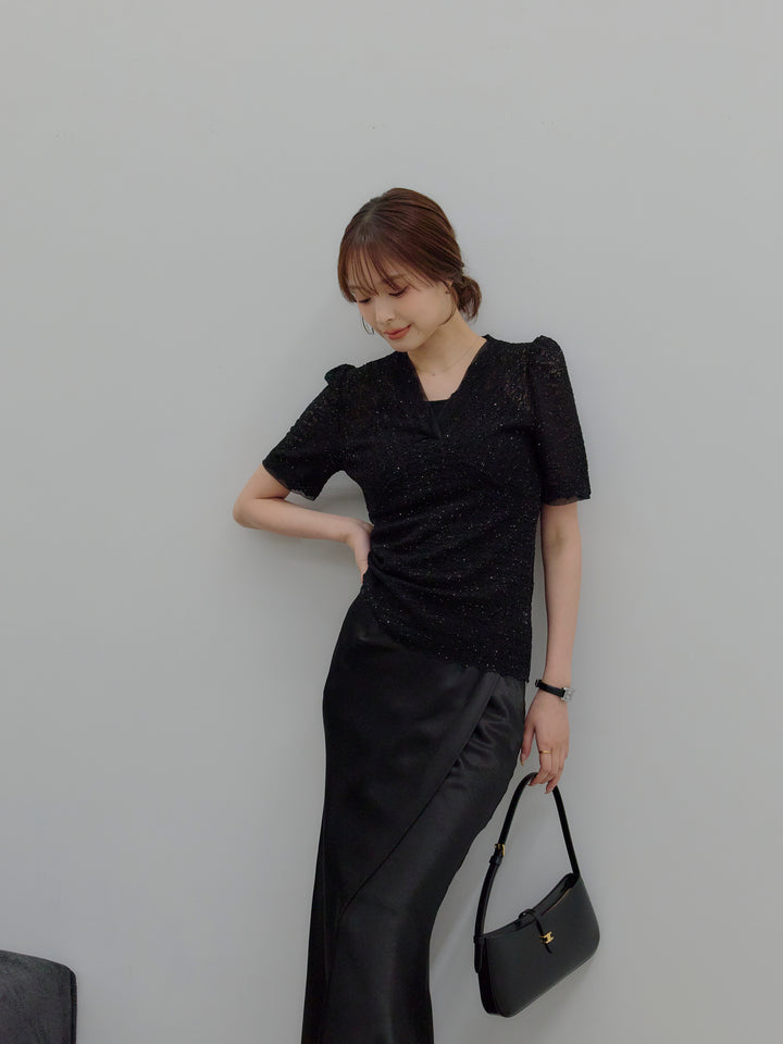 【SET】チュールレイヤードグリッターレースパフスリーブトップス+【Essential】Wrap design satin mermaid skirt(2set)