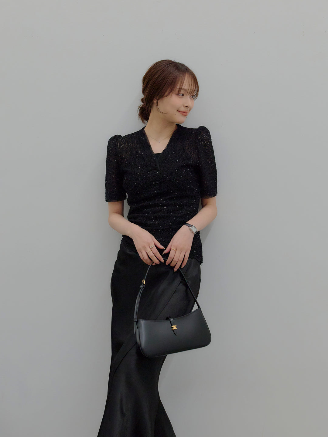 チュールレイヤードグリッターレースパフスリーブトップス