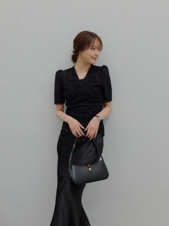 【SET】チュールレイヤードグリッターレースパフスリーブトップス+【Essential】Wrap design satin mermaid skirt(2set)