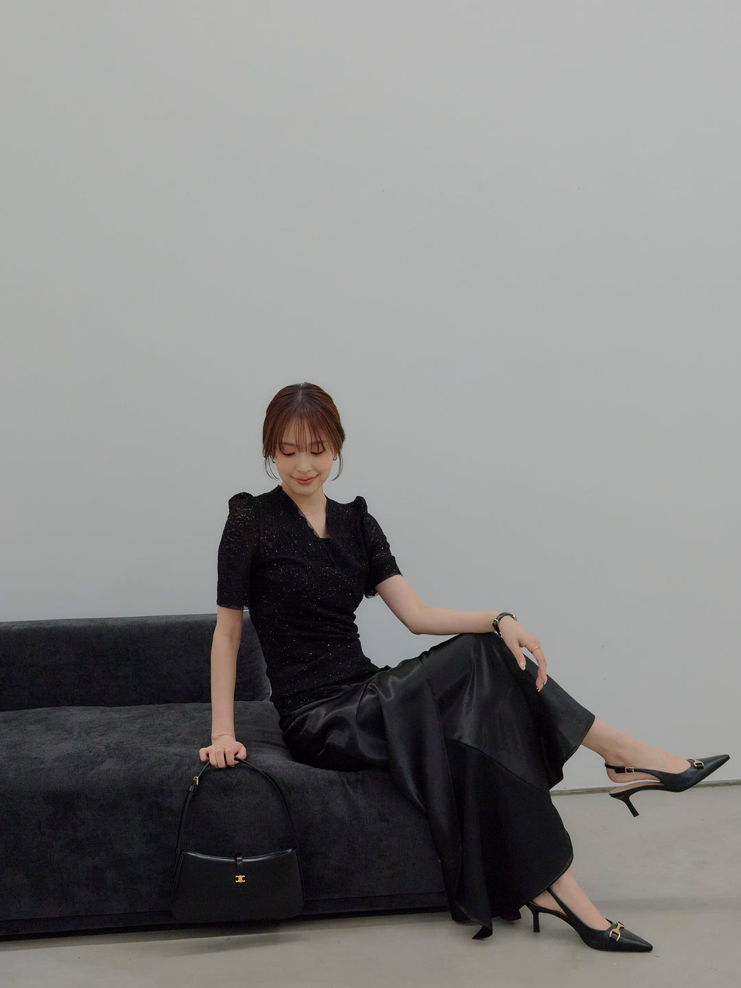 【SET】チュールレイヤードグリッターレースパフスリーブトップス+【Essential】Wrap design satin mermaid skirt(2set)