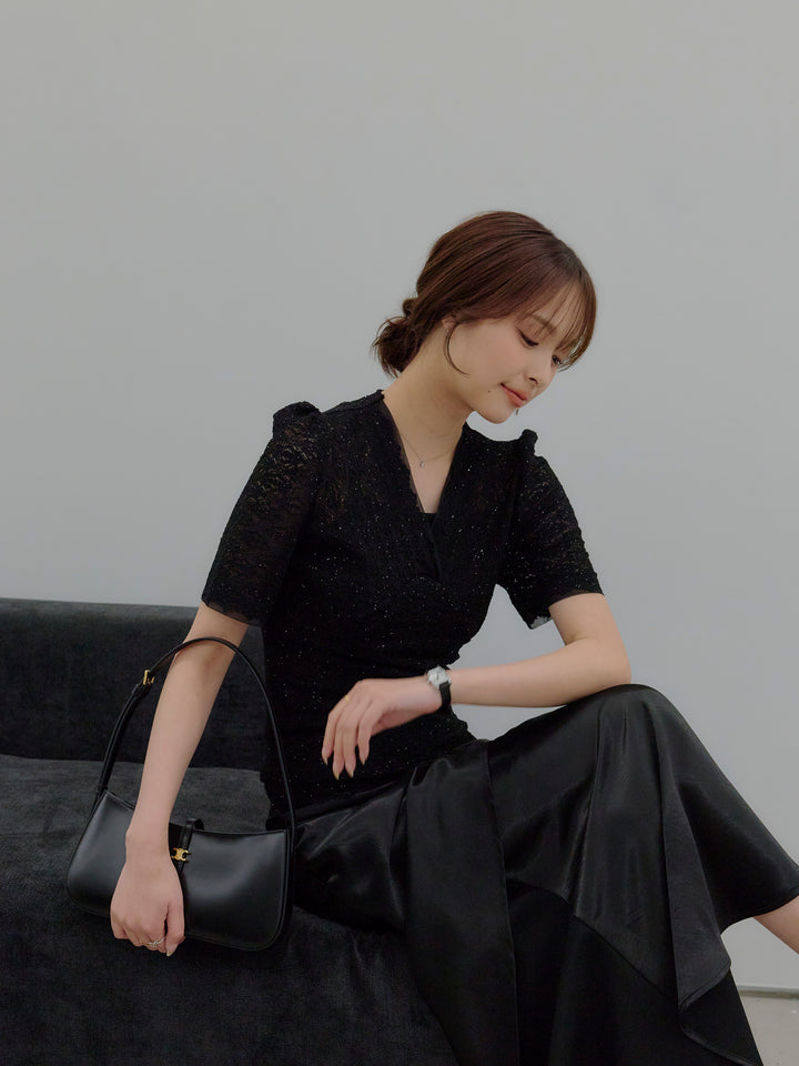 【SET】チュールレイヤードグリッターレースパフスリーブトップス+【Essential】Wrap design satin mermaid skirt(2set)