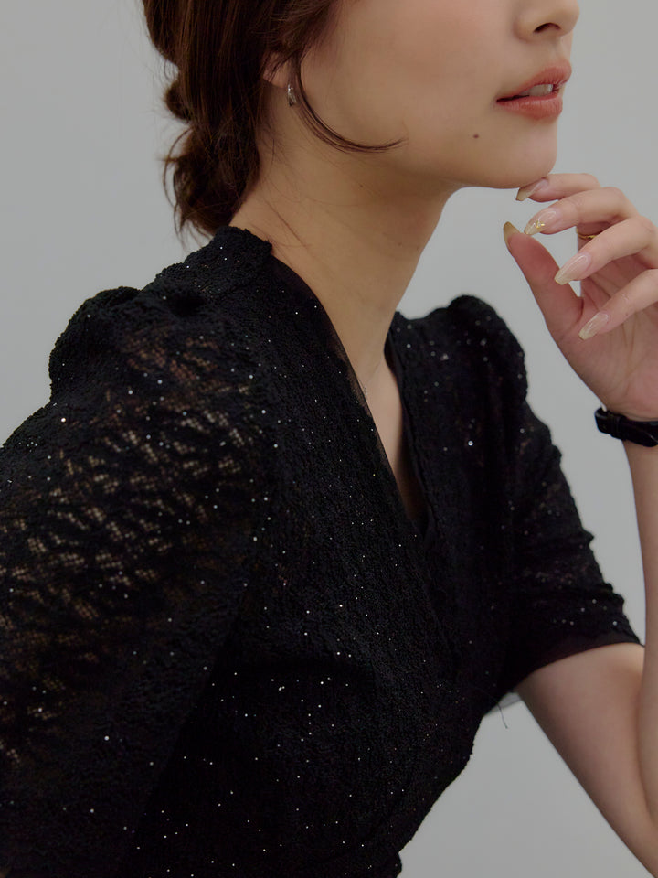 【SET】チュールレイヤードグリッターレースパフスリーブトップス+【Essential】Wrap design satin mermaid skirt(2set)