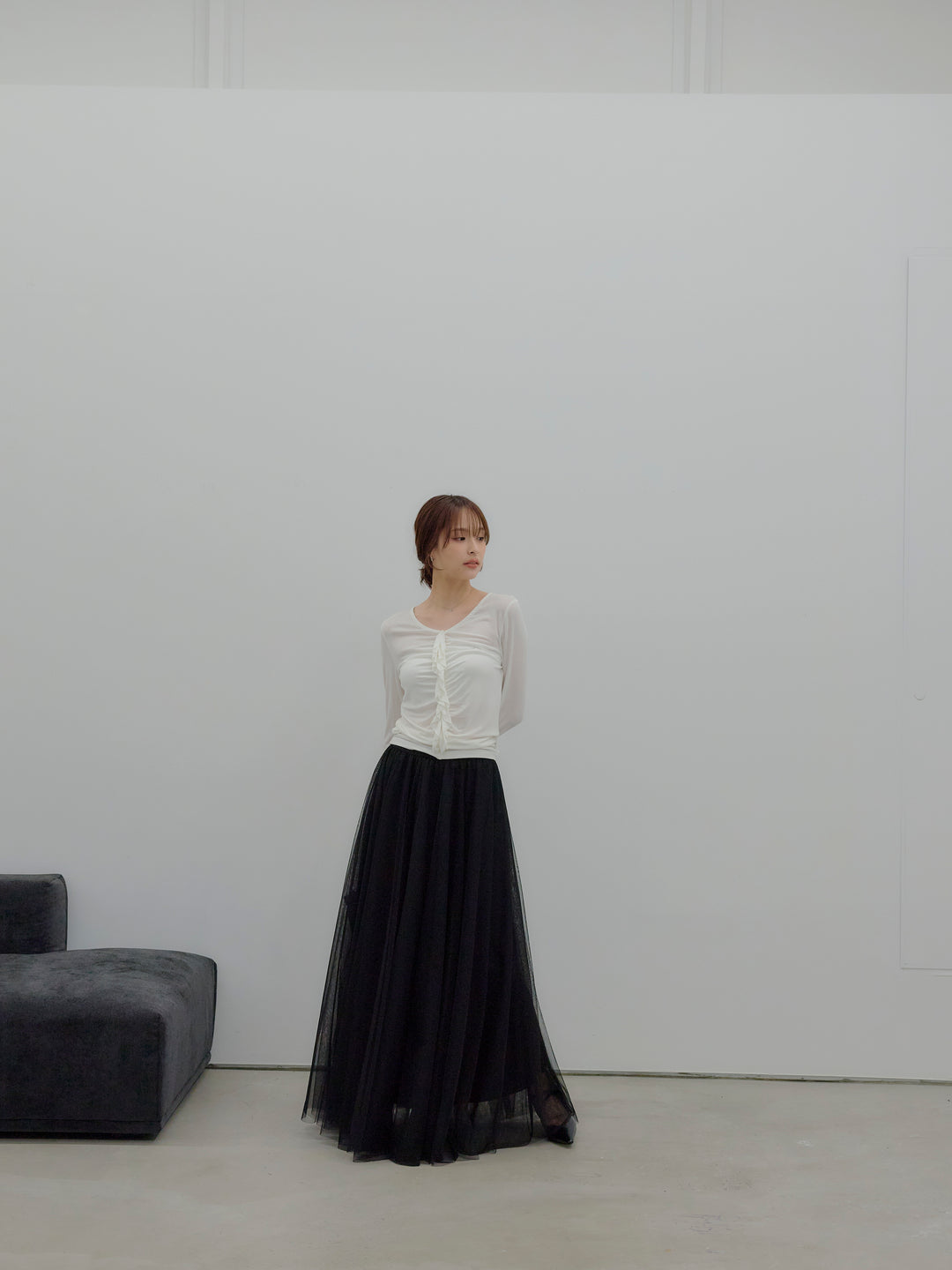 【SET】フロントフリルフィットトップス+ボリュームチュールスカート(2set)