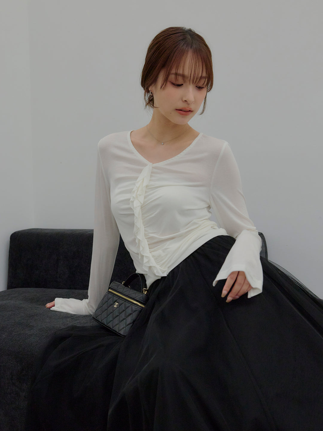 【SET】フロントフリルフィットトップス+ボリュームチュールスカート(2set)