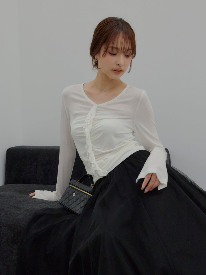 【SET】フロントフリルフィットトップス+ボリュームチュールスカート(2set)
