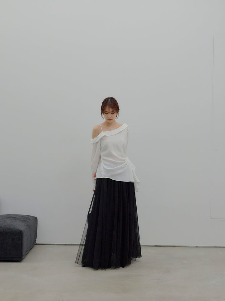 【SET】ワンショルダーサイドデザインシャツトップス+ボリュームチュールスカート(2set)