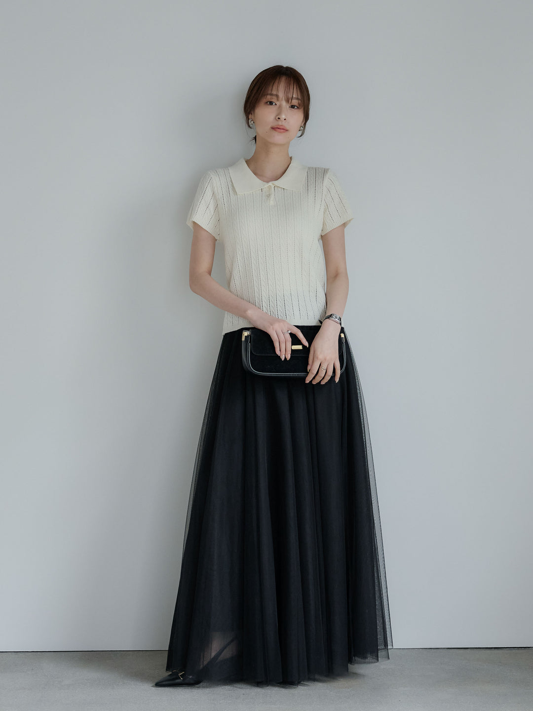 【SET】デザイン編み襟付き半袖ニットトップス+ボリュームチュールスカート(2set)