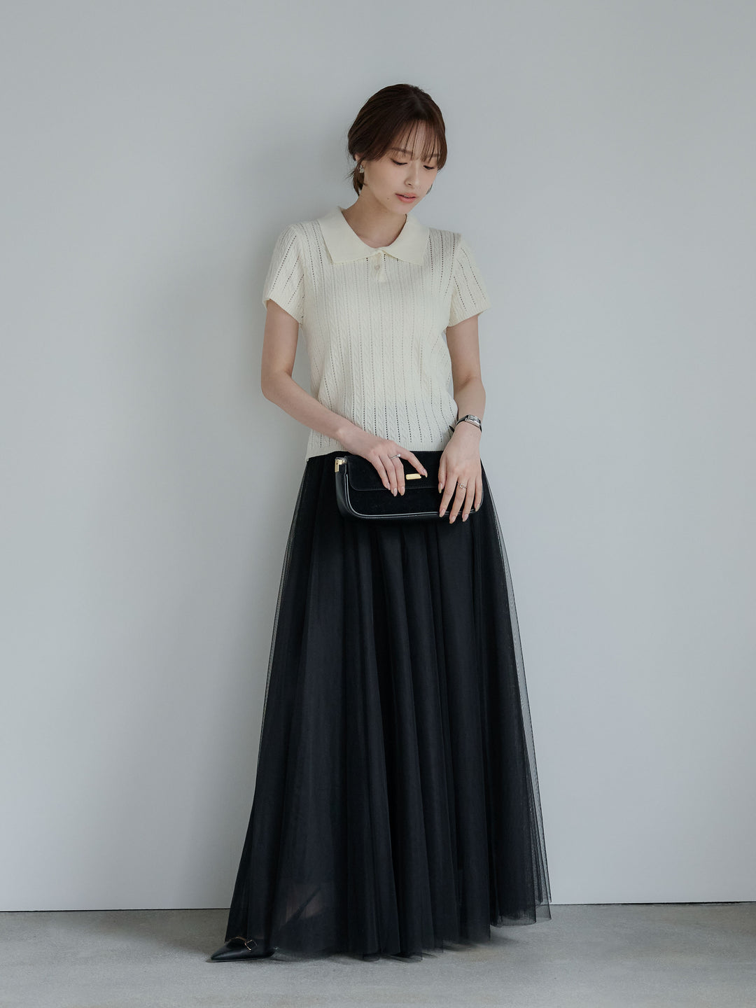 【SET】デザイン編み襟付き半袖ニットトップス+ボリュームチュールスカート(2set)