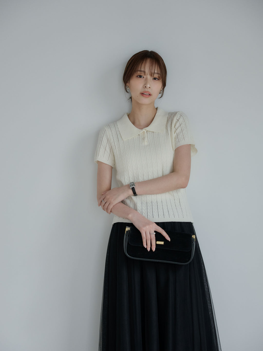 デザイン編み襟付き半袖ニットトップス