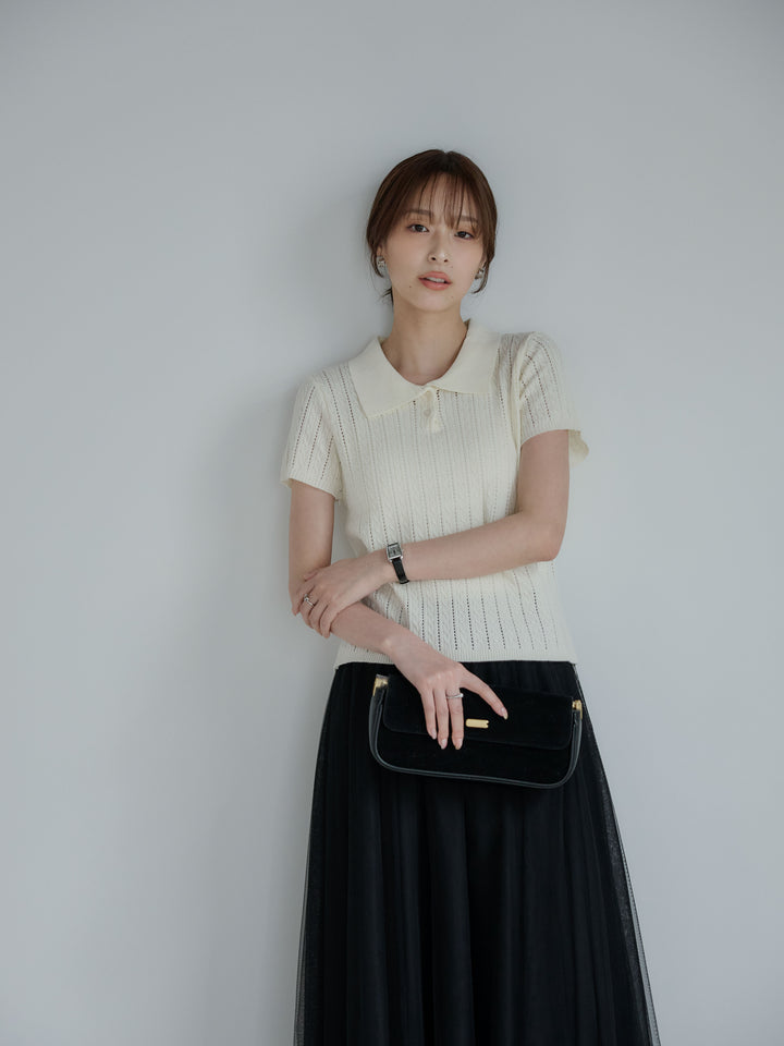 デザイン編み襟付き半袖ニットトップス