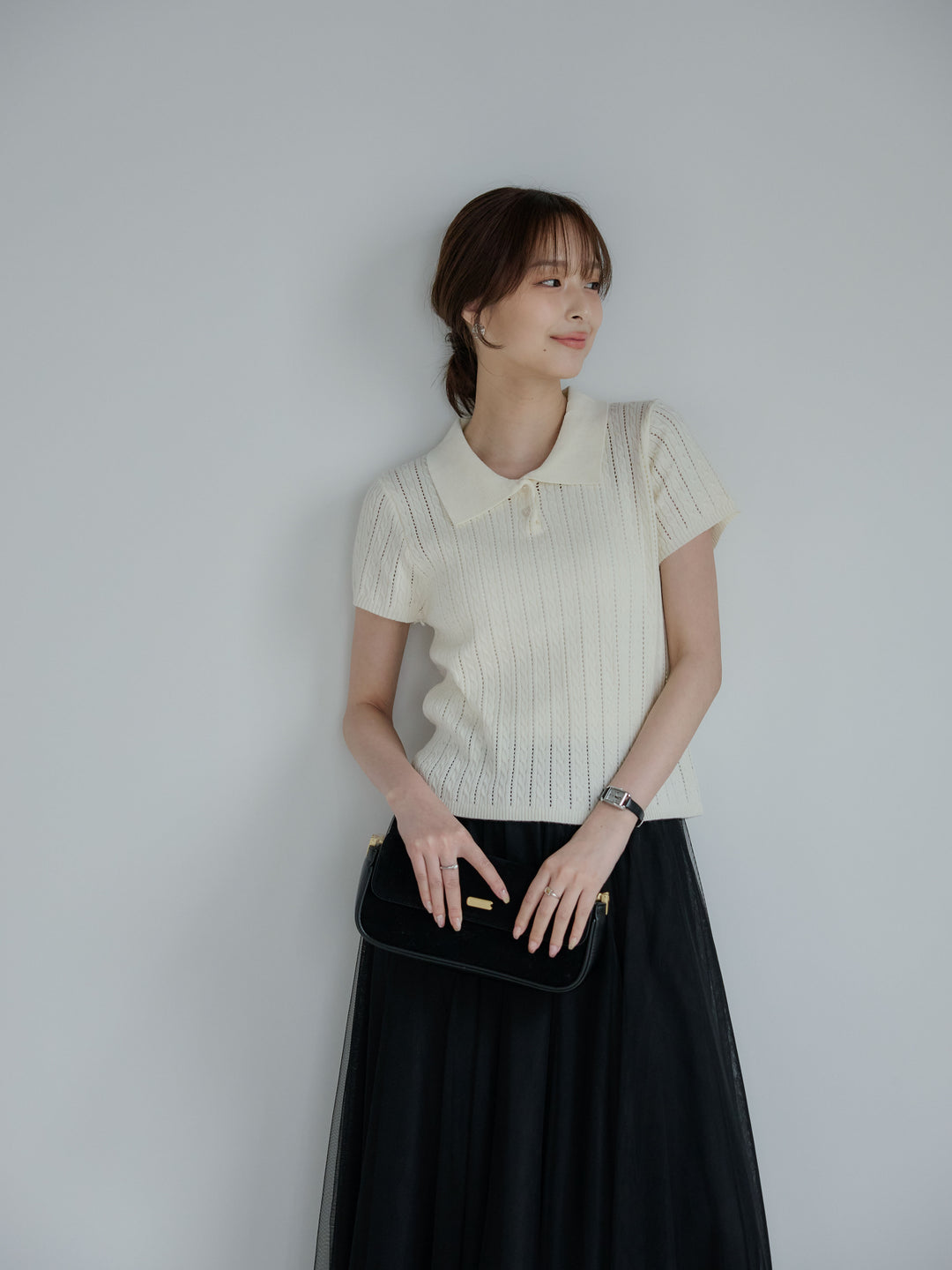 デザイン編み襟付き半袖ニットトップス