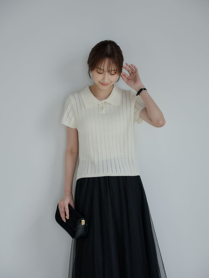 デザイン編み襟付き半袖ニットトップス