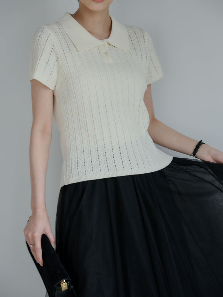 【SET】デザイン編み襟付き半袖ニットトップス+ボリュームチュールスカート(2set)