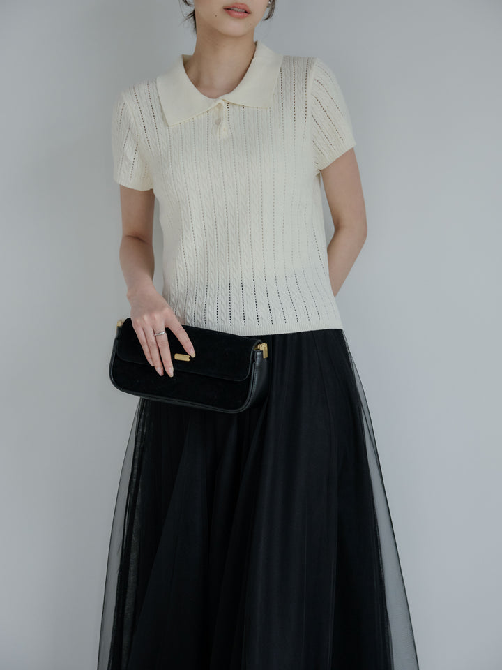 デザイン編み襟付き半袖ニットトップス