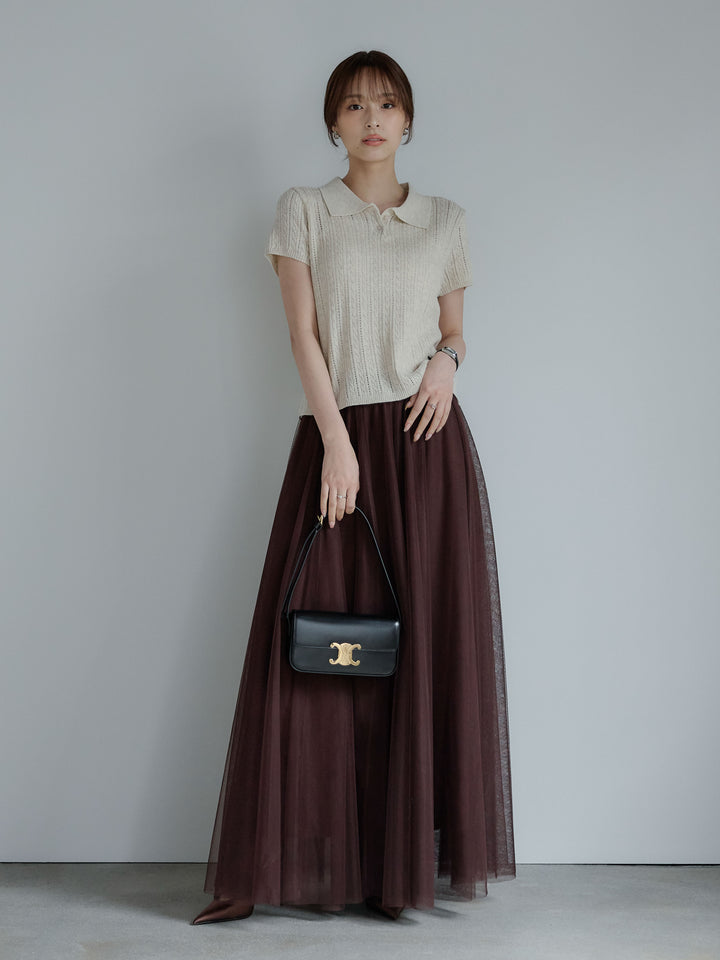 デザイン編み襟付き半袖ニットトップス