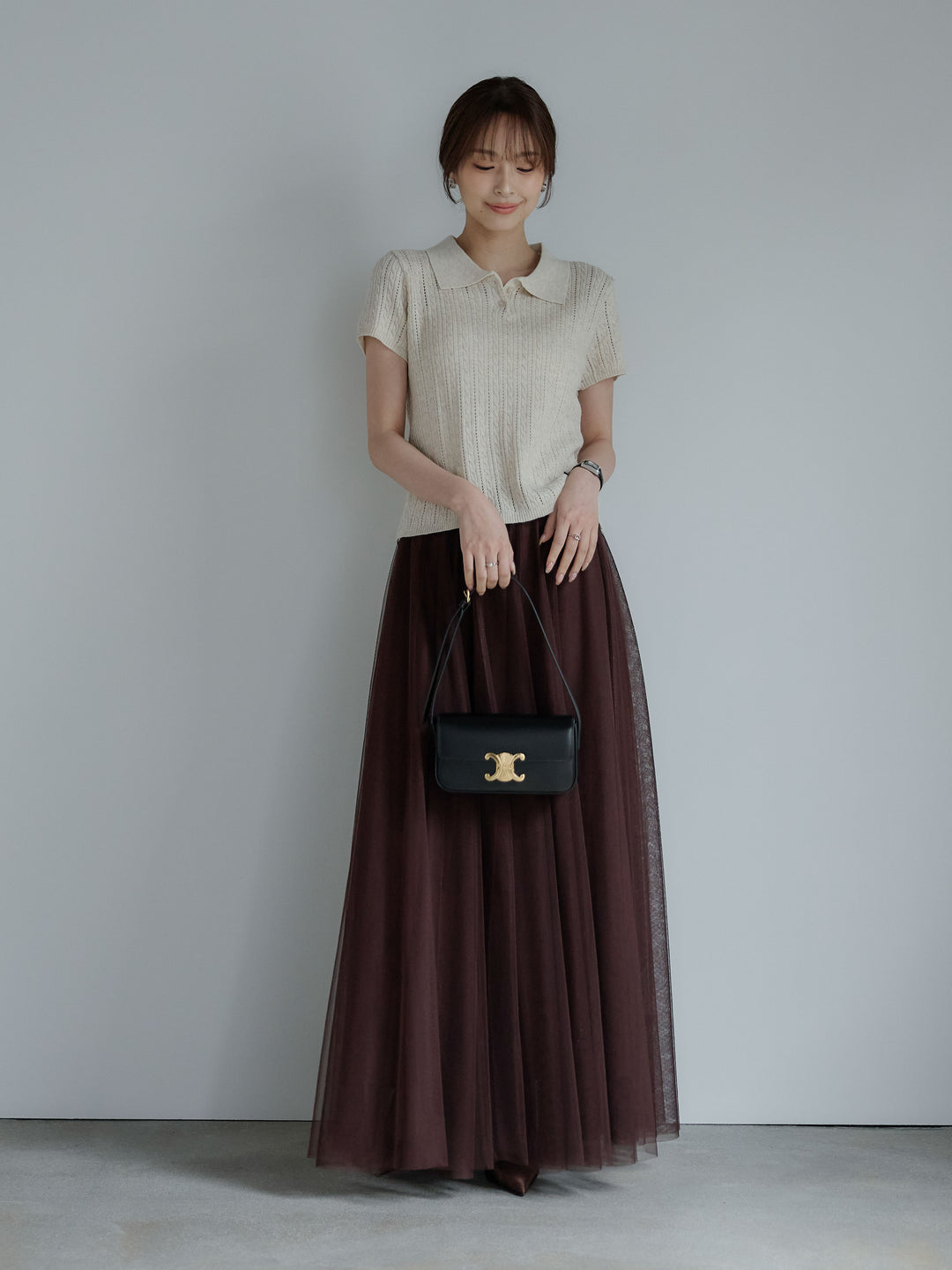 デザイン編み襟付き半袖ニットトップス