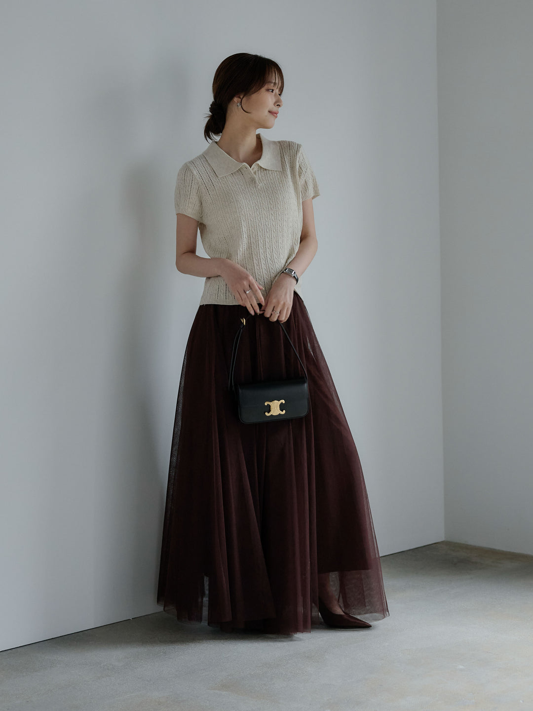 デザイン編み襟付き半袖ニットトップス