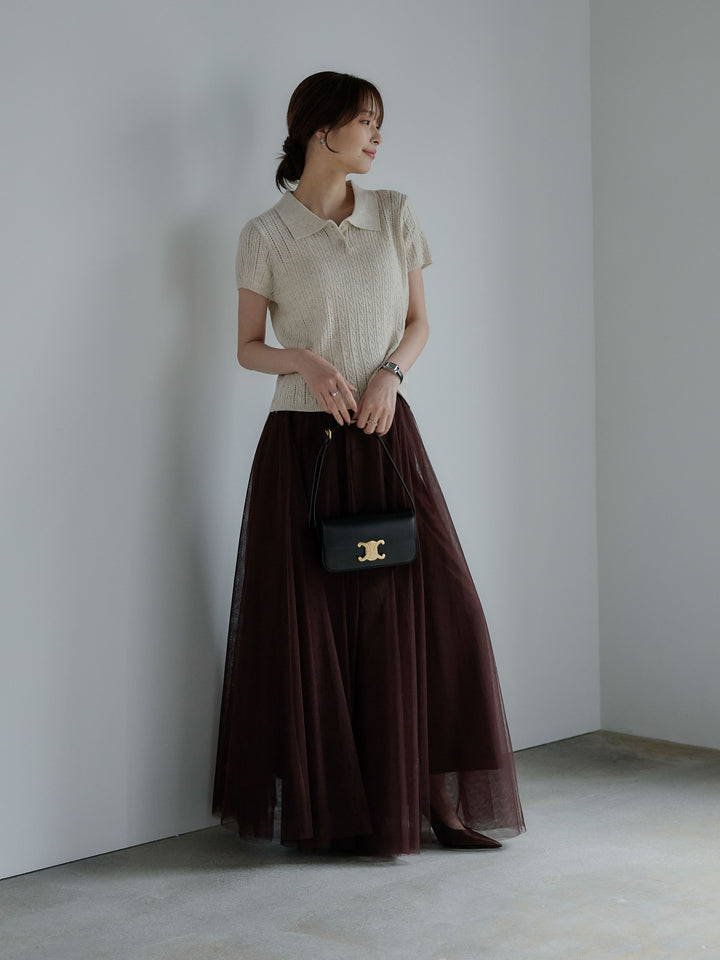 デザイン編み襟付き半袖ニットトップス