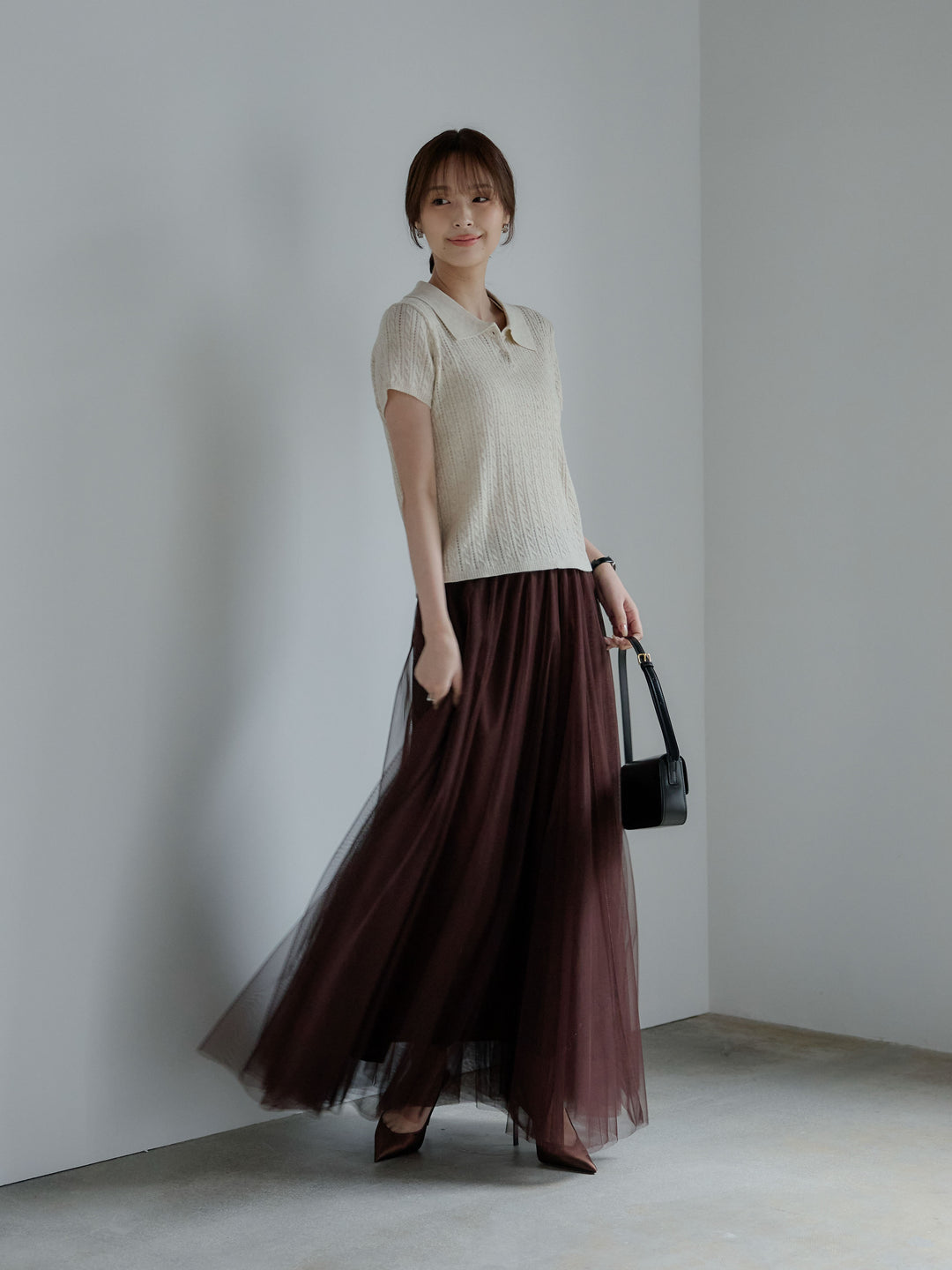 デザイン編み襟付き半袖ニットトップス