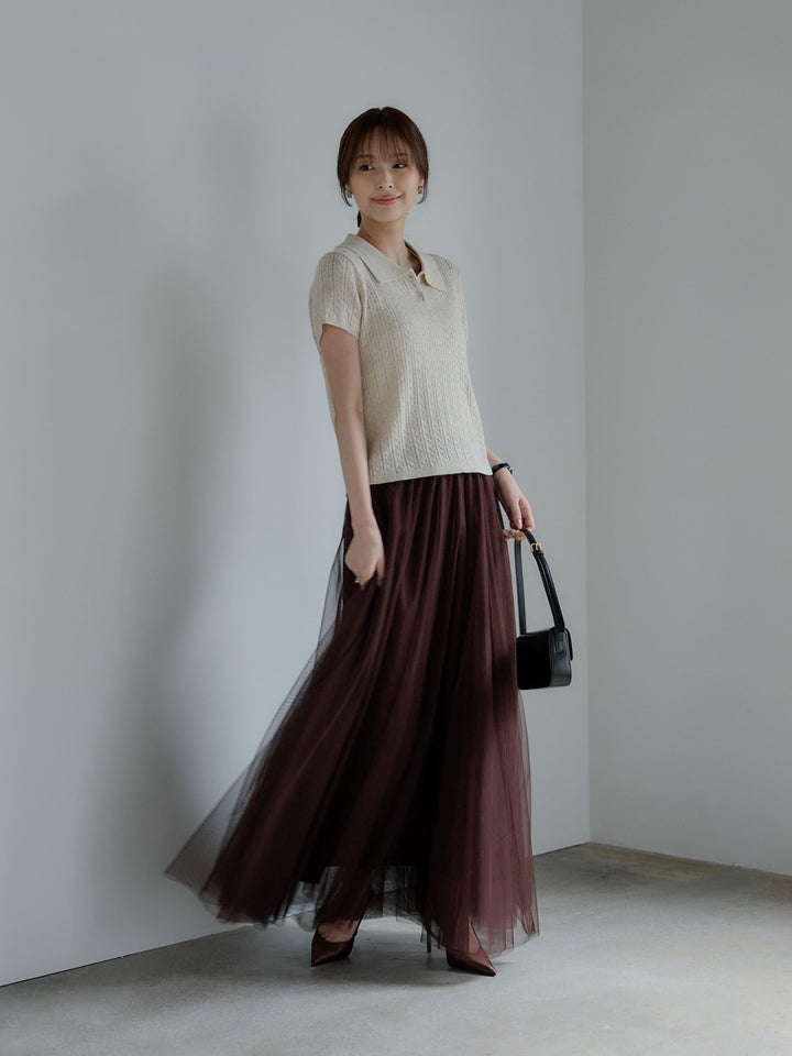 デザイン編み襟付き半袖ニットトップス