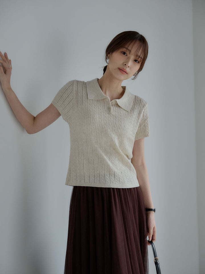 デザイン編み襟付き半袖ニットトップス