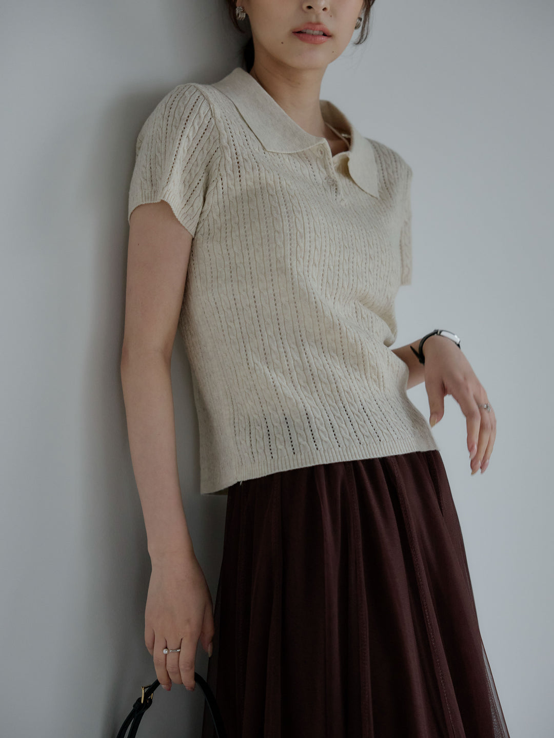 【SET】デザイン編み襟付き半袖ニットトップス+ボリュームチュールスカート(2set)