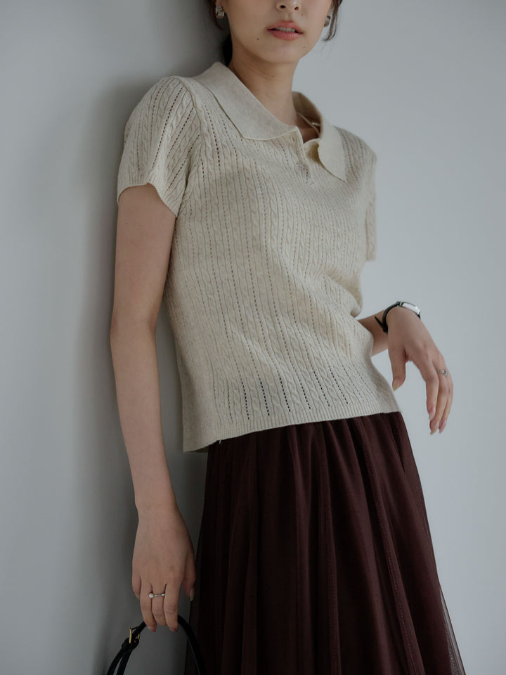 【SET】デザイン編み襟付き半袖ニットトップス+ボリュームチュールスカート(2set)